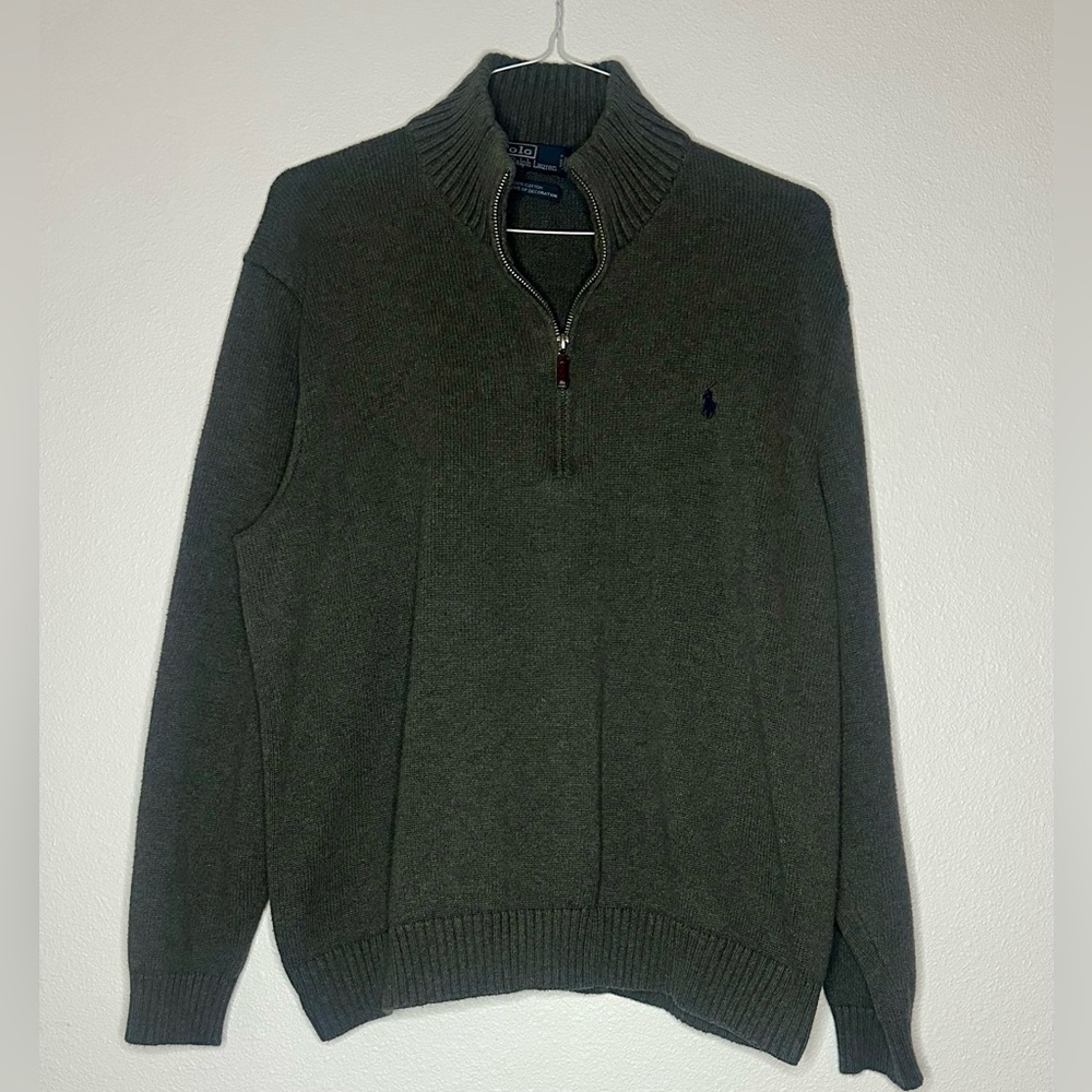 Ralph Lauren Men’s Charcoal Grey Quarter Zip-Sweater with Ribbed Trim